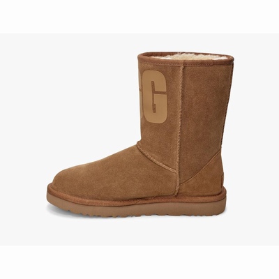 Botas UGG Classic Short Rubber Logo Mulher Marrom | PT-VWOMP